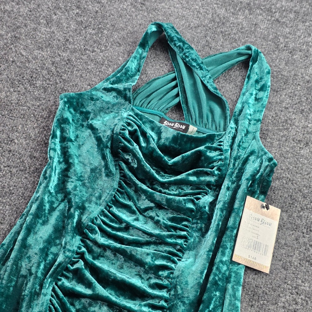 Bisou Bisou Tatjana Dress Velvet Ruched Midi Halter Cross Back Small Storm Green